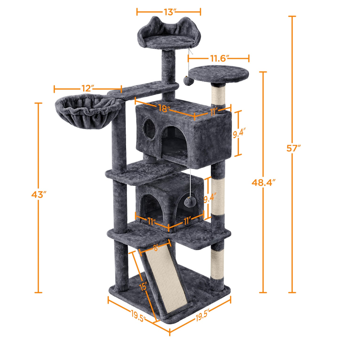 Yaheetech 57 inches Cat Tree for Indoor Cats, Multi-Level Cat Tower w/ 3 Perches, 2 Cat Condos, 2 Hanging Balls and Scratching Posts, Dark Gray