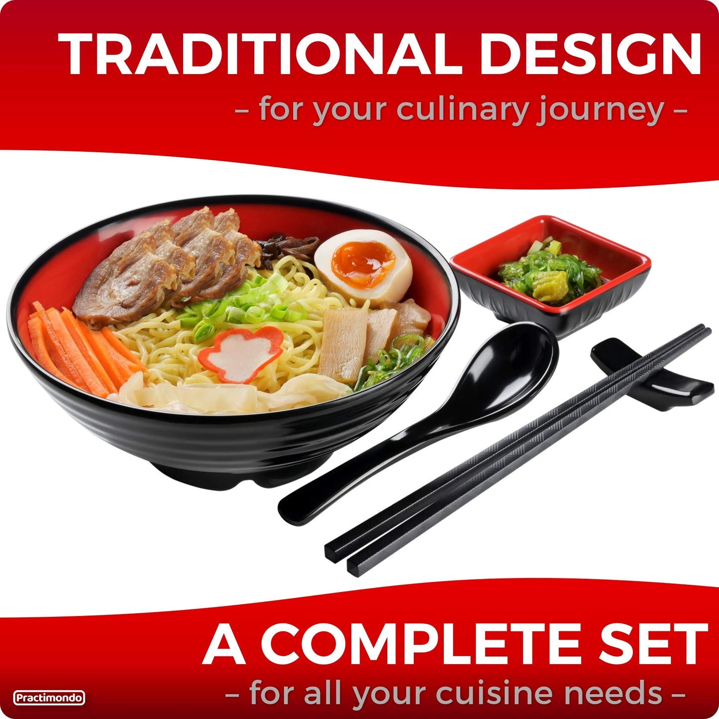 Practimondo 4 Noodle Bowls Set - large 32oz Ramen Bowl Set for authentic Asian Cuisine - with Dipping Bowls, Spoons, Chopsticks & Chopstick Stands. Enjoy Thai Miso Udon Wonton (4 Bowl Set, Red-Black)