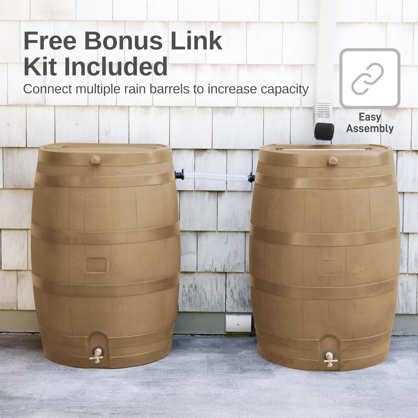RTS Home Accents 50-Gallon Rain Barrel, Flat Back Rain Water Collection Barrel, Link Kit Included, Oak Color (2 Pack)