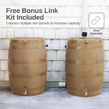 RTS Home Accents 50-Gallon Rain Barrel, Flat Back Rain Water Collection Barrel, Link Kit Included, Oak Color (2 Pack)