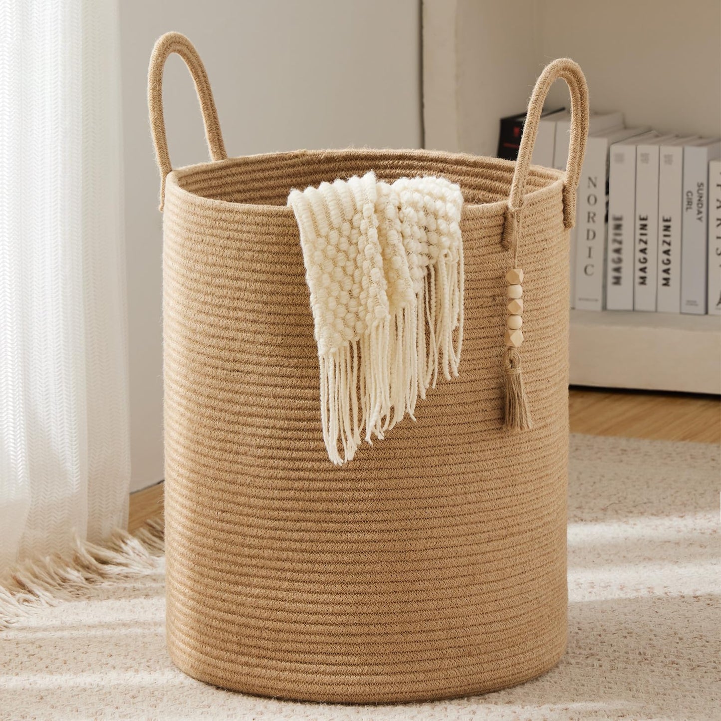 YOUDENOVA Jute Rope Laundry Hamper Basket, 58L Tall Woven Collapsible Baskets for Blanket Organizing Clothes Hamper for Laundry Bedroom Storage