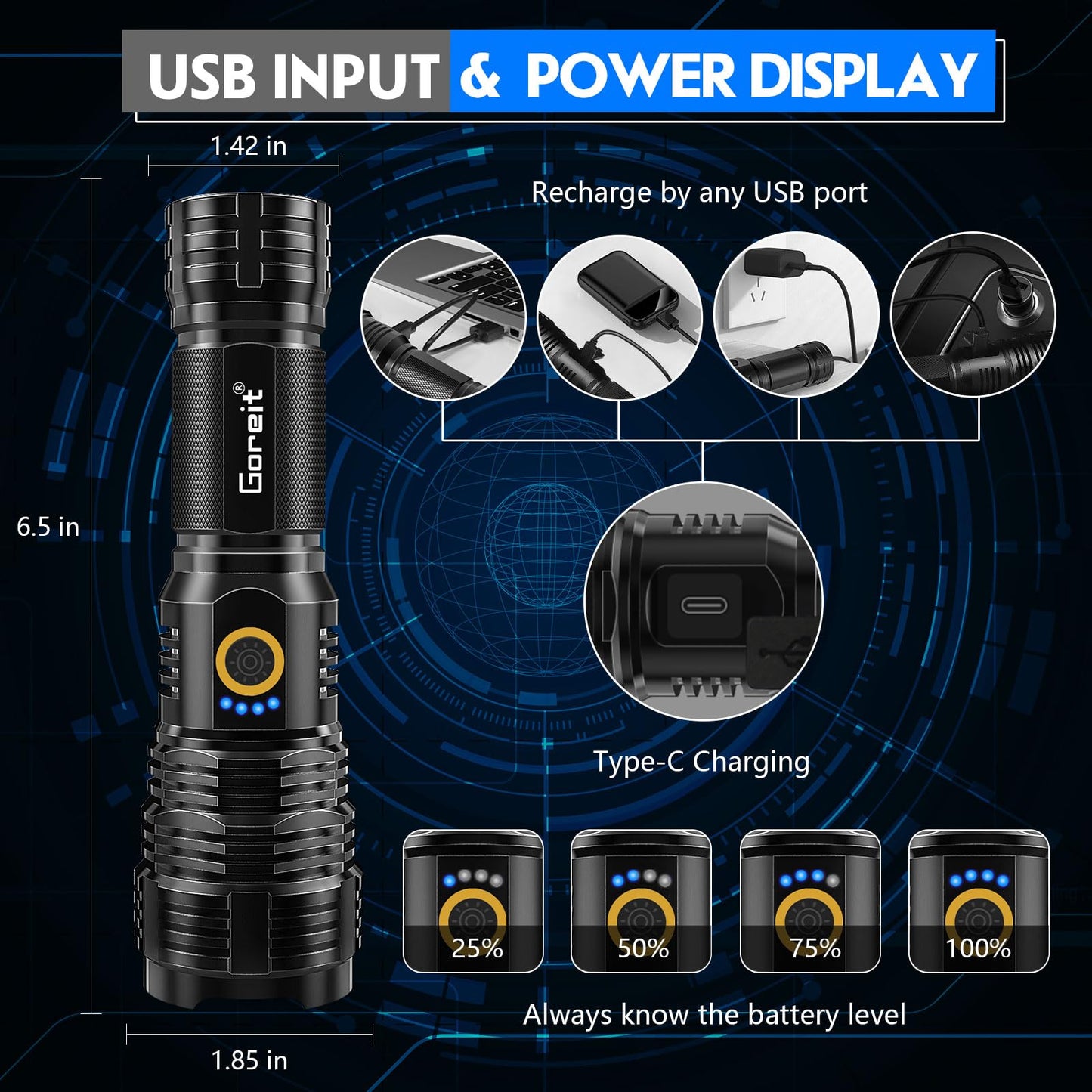 Goreit Flashlights LED High Lumens Rechargeable, 2000 Lumens XHP70.2 Super Bright Flashlight, Flash Light Battery Powered, Powerful Handheld Flashlight with Holster for Emergency Camping Hiking Gift