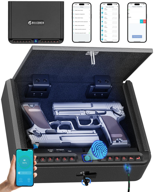 BILLCONCH Gun Safe for Handgun - Biometric Gun Safe 4 Ways Quick Access with Fingerprint/Full-digital Keypad/Key/APP Lock Handgun Pistol Safe for Nightstand Bedside Home
