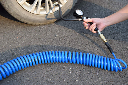 YOTOO Polyurethane Recoil Air Hose, Air Compressor Hose 1/4" Inner Diameter by 25' Long with Bend Restrictor, 1/4" Industrial Quick Coupler and Plug, Blue