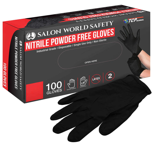 Salon World Safety Black Nitrile Disposable Gloves, Box of 100, Size X-Large, 5.0 Mil - Latex Free, Textured, Food Safe