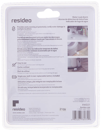 Resideo RWD21 Reusable Water Leak Alarm,White