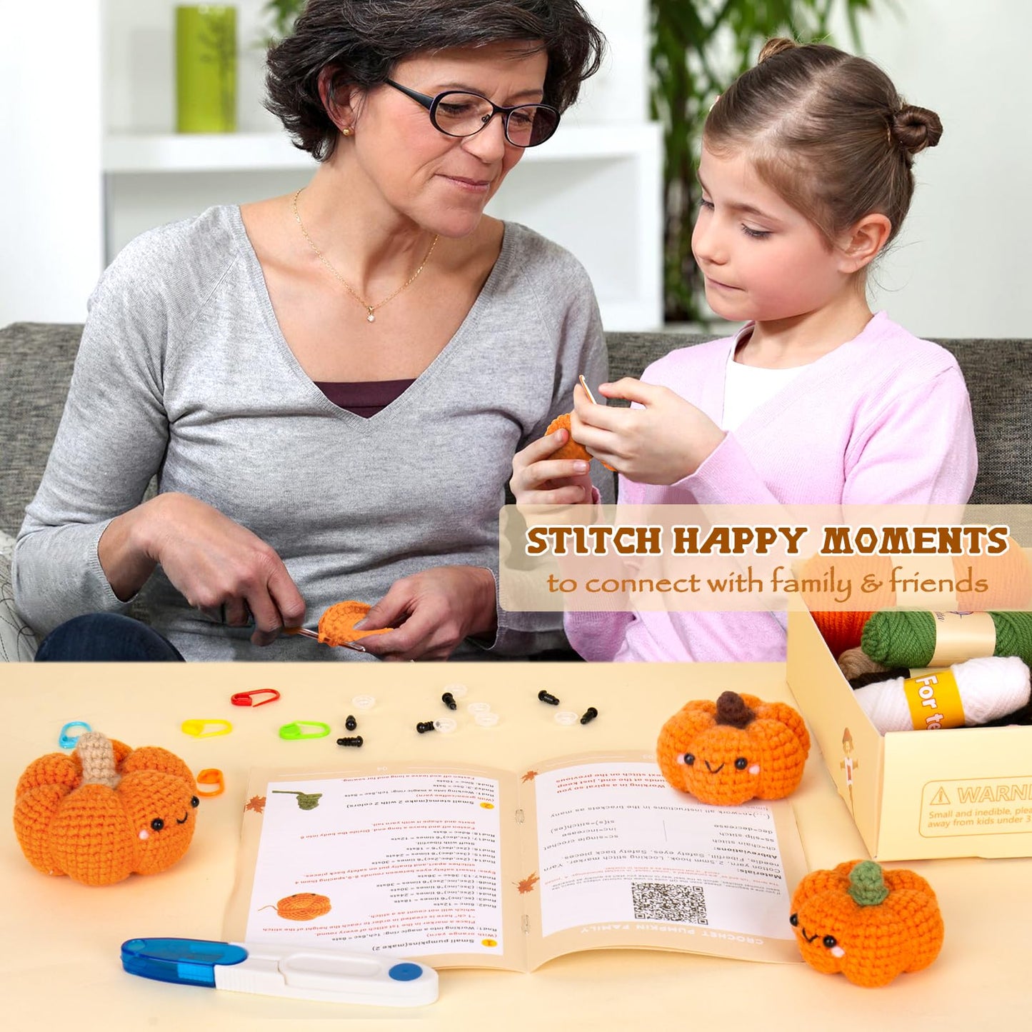 Crochetta Crochet Kit for Beginners, Crochet Starter Kit with Step-by-Step Video Tutorials, Crochet Animal Kits for Adults and Kids, DIY Craft Supplies, 3 Pack Halloween Pumpkins Family (40%+ Yarn)