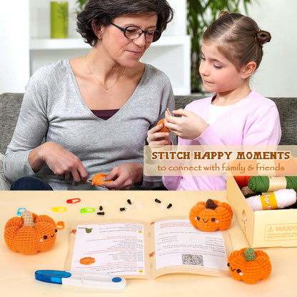 Crochetta Crochet Kit for Beginners, Crochet Starter Kit with Step-by-Step Video Tutorials, Crochet Animal Kits for Adults and Kids, DIY Craft Supplies, 3 Pack Halloween Pumpkins Family (40%+ Yarn)