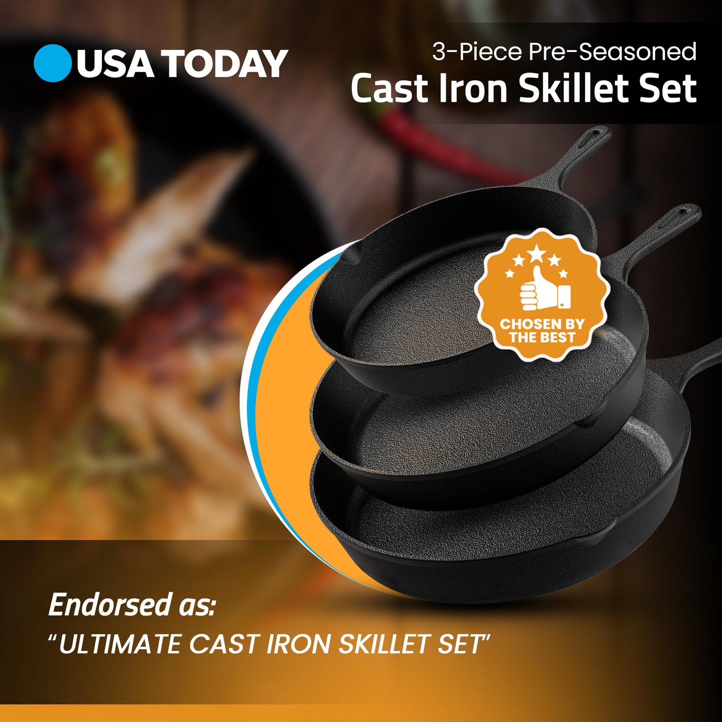 Utopia Kitchen Cast iron Skillets 3 Piece Set, Chefs Pan, Pre Seasoned Cast iron Skillets, 6, 8 & 10 Inches, Easy Use in the Oven, Stove, Grill, or Campfire, Black