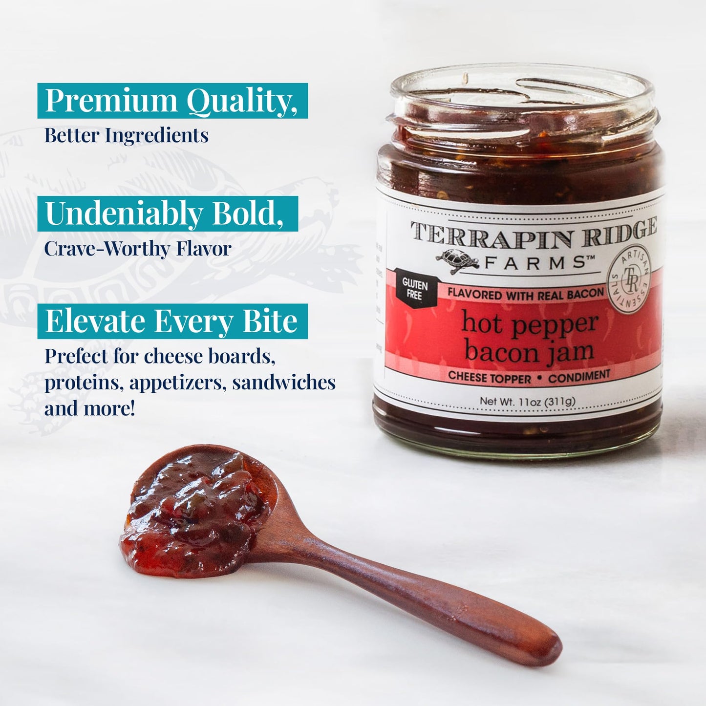 Terrapin Ridge Farms Hot Pepper Bacon Jam – Sweet & Spicy Spread with Real Bacon & Jalapeño – Gourmet Condiment for Cheese, Meats, and Appetizers – 10.5 oz Jar