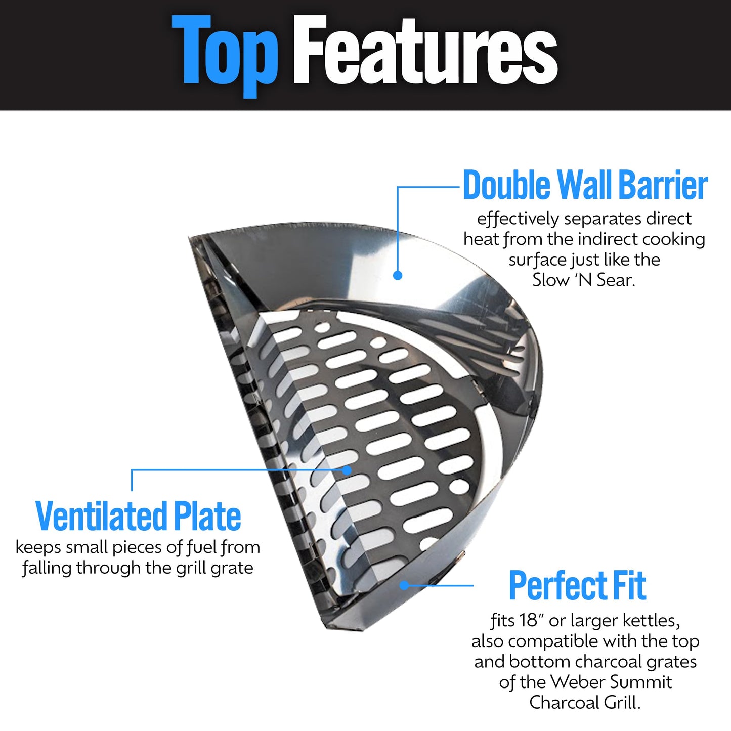 SnS Grills Slow ‘N Sear Charcoal Inserts for Low ‘N Slow & High-Heat Cooking - Patented Stainless Steel Accessories for Kettle Grills - Charcoal Basket 18"