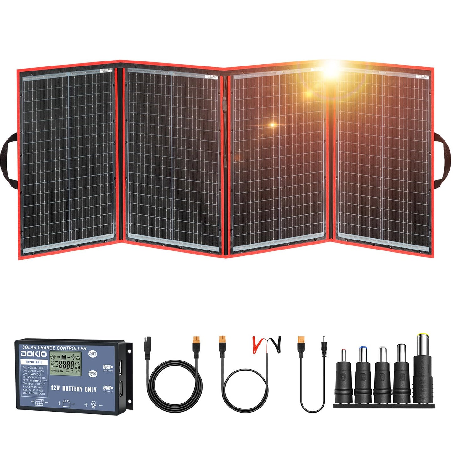 DOKIO 200w 18v Portable Foldable Solar Panel Kit (29x21inch,11.7lb) Solar Charger with Controller 2 USB Output to Charge 12v Batteries/Power Station (AGM, Lifepo4) Rv Camping Trailer Emergency Power.