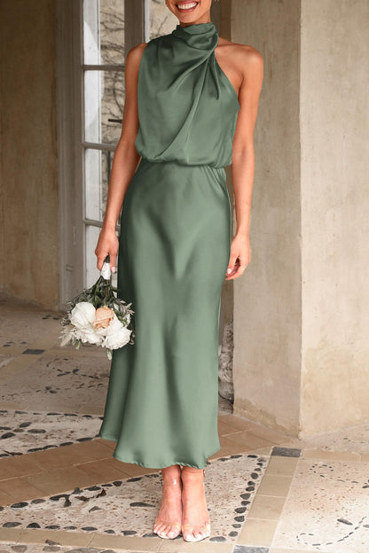 PRETTYGARDEN Women's 2025 Summer Satin Dress Elegant Sleeveless Mock Neck Cocktail Party Maxi Dresses (Army Green,Small)