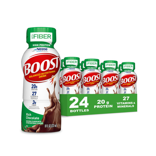 BOOST High Protein with Fiber Ready to Drink Complete Nutritional Drink, Rich Chocolate, 8 fl oz Bottle, 24 Pack