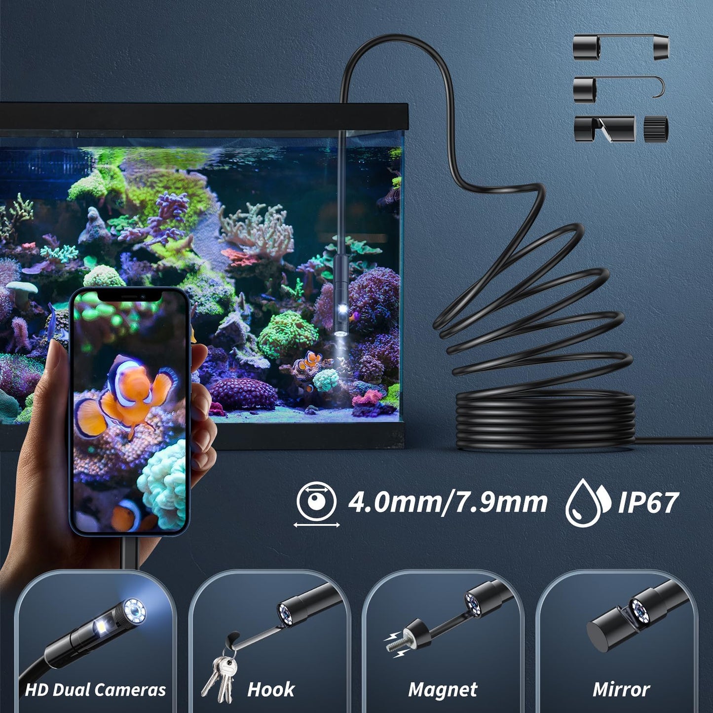 Endoscope Camera with Light,1920P HD Borescope Tools with 8 Adjustable LED Lights, Endoscope with Semi-Rigid Snake Camera, IP67 Waterproof Inspection Borescope for iOS and Android-16.4ft Dual-Lens
