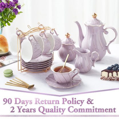 DUJUST 22 pcs Porcelain Tea Set for 6, Luxury British Style Tea/Coffee Cup Set with Golden Trim, Beautiful Tea Set for Women, Tea Party Set, Gift Package (With a Stand) - Purple