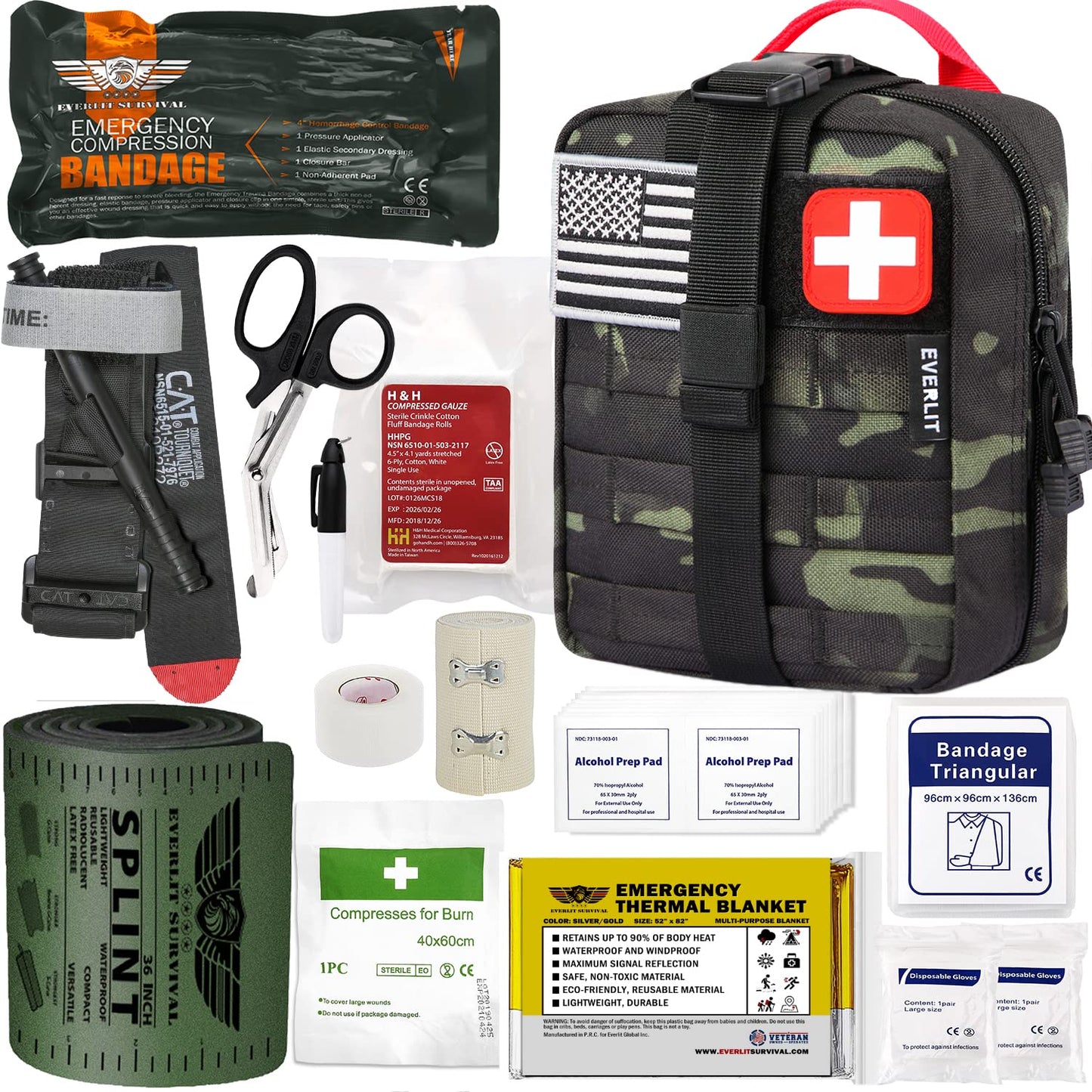 EVERLIT Emergency Trauma Kit, CAT GEN-7 Tourniquet 36" Splint, Military Combat Tactical IFAK for First Aid Response, Critical Wounds, Severe Bleeding Control (Black Camo)