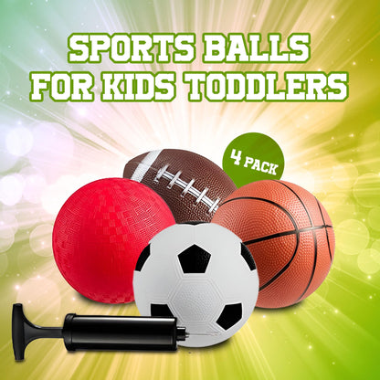 Bedwina Sports Balls for Kids & Toddlers - (Pack of 4) 5-inch Sports Set Includes Football, Soccer, Basketball, and Playground Ball, Fun Indoors & Outdoor Toys (Hand Pump Included)