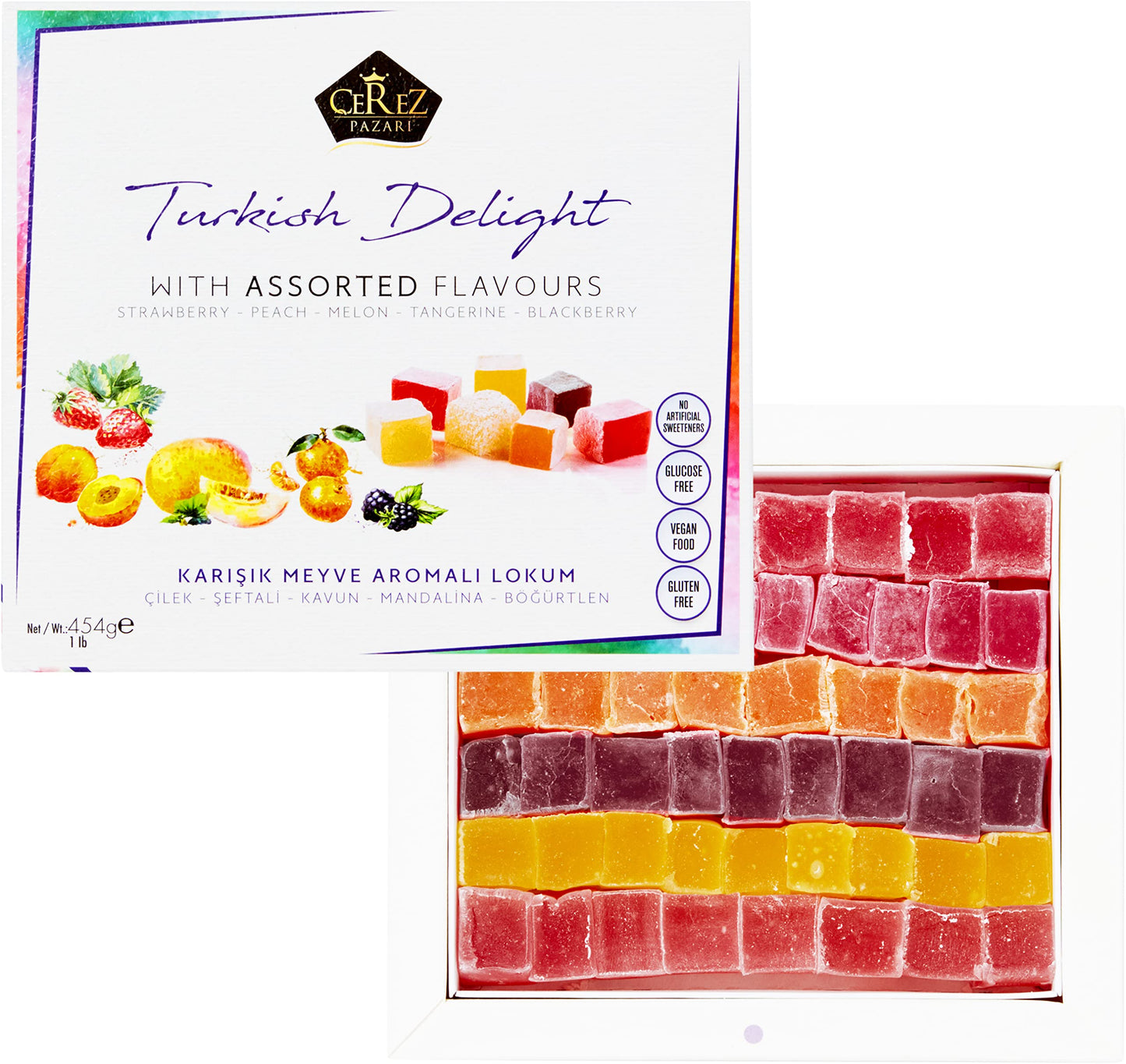 Cerez Pazari Turkish Delight Candy With Assorted Flavors, Gourmet Medium Size Snacks Gift Box, Sweet Luxury Traditional Confectionery Loukoumi, Vegan Lokum, Approx. No Nuts, 42 Pcs, 16 oz.