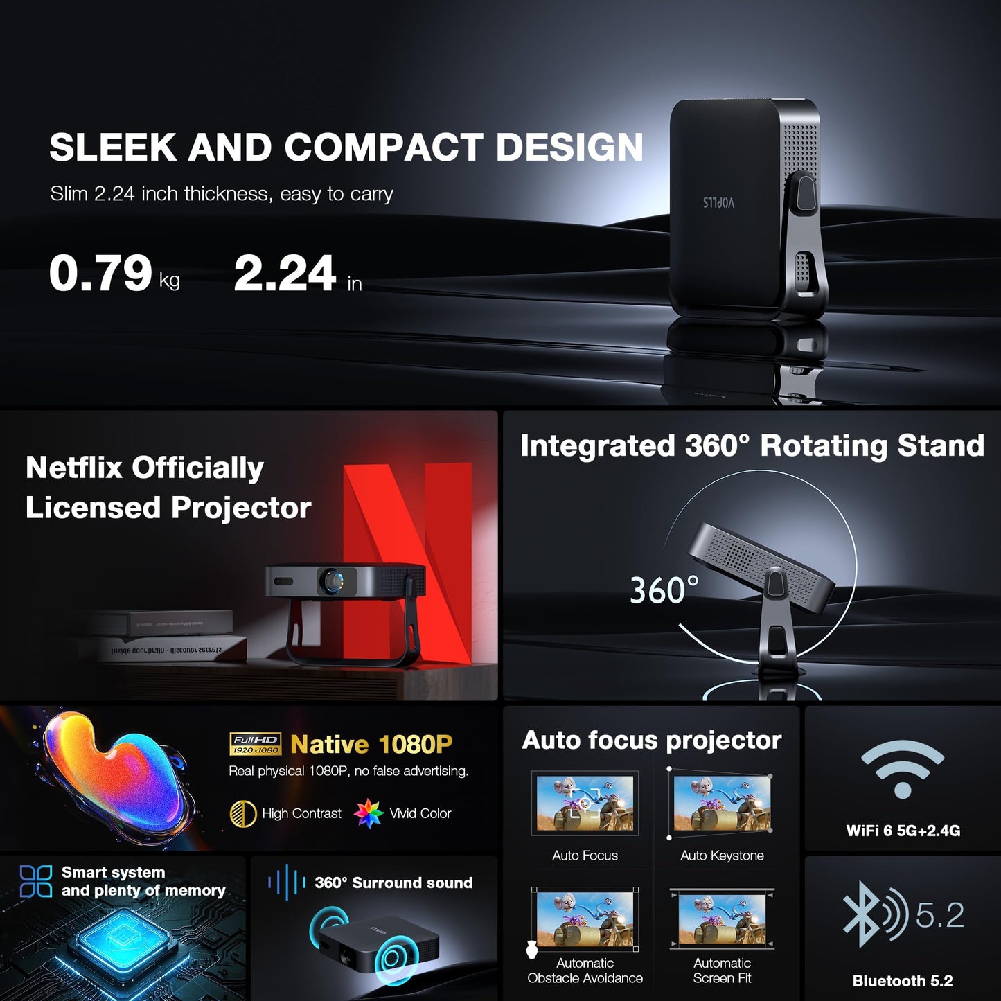 【Thinnest 1.81" & Netflix-Licensed Native 1080P Projector】Smart Mini Projector with WiFi and Bluetooth, Auto Focus & Keystone Portable Outdoor Projector, VOPLLS 4K Support Home Movie Projector(black)