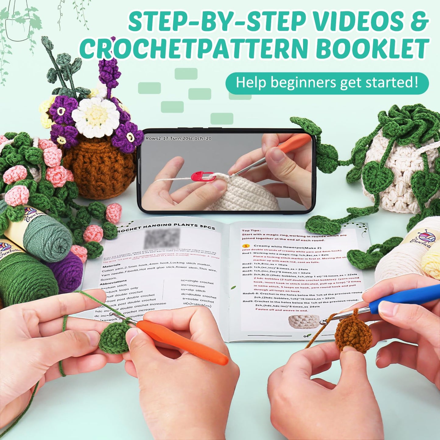 Crochetta Beginner Crochet Kit with Step-by-Step Video Tutorials, Learn to Crochet for Adults & Kids, Knitting Craft Supplies, Hanging Plants Home Decor (40%+ Yarn)