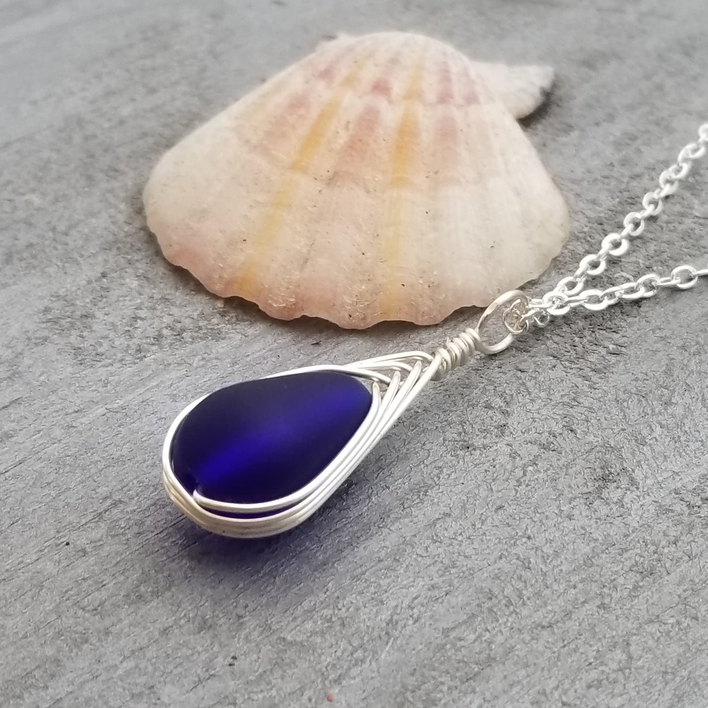 Yinahawaii Handmade Sea Glass Necklace, Hawaiian Jewelry For Women, Braided Teardrop Necklace, Unique Sea Glass Jewelry For Women Birthday Gift (Cobalt - September)