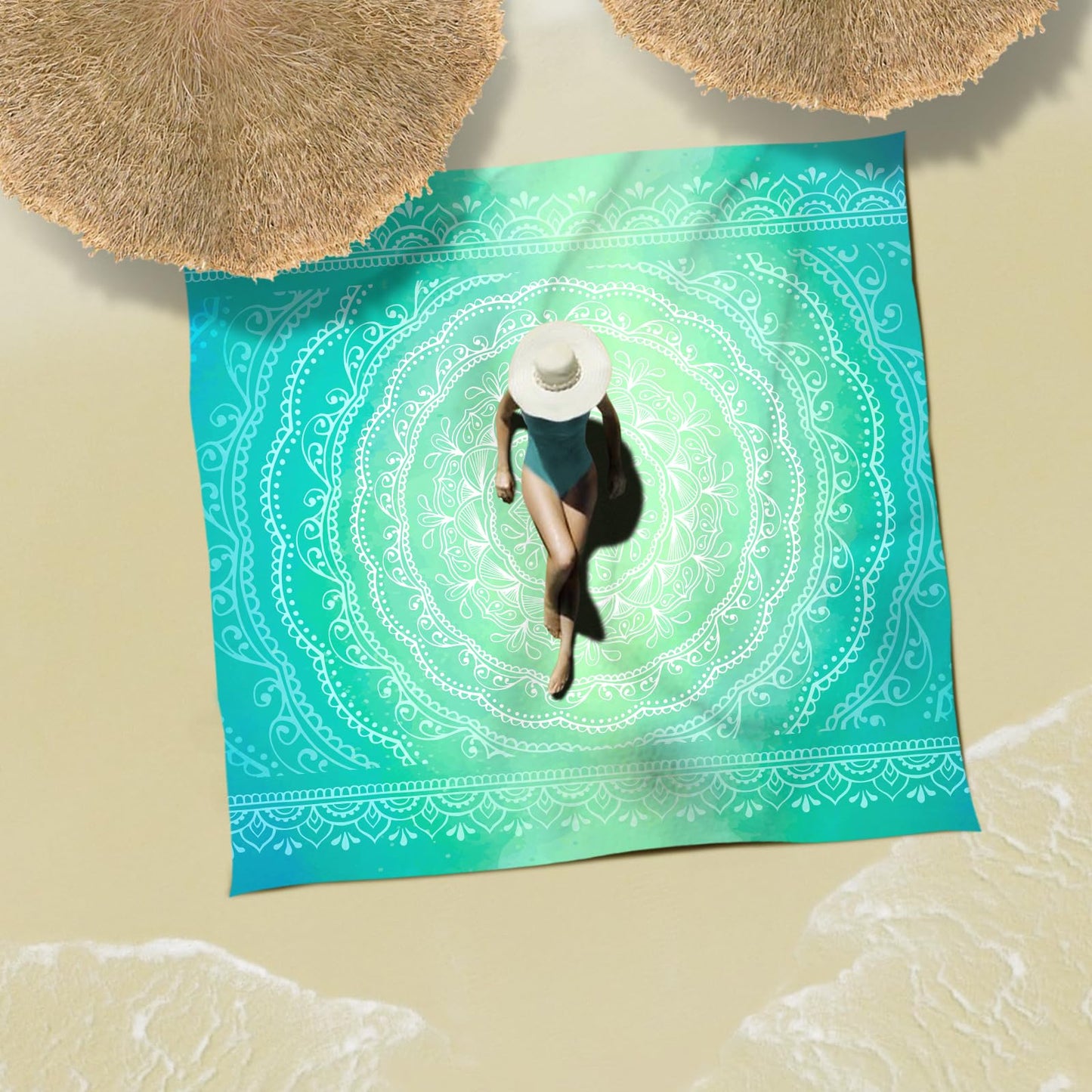 Sunlit 10'x9' Extra Large Boho Sand Proof Beach Blanket, Sand Proof Mat with Corner Pockets and Mesh Bag for Beach Party, Travel, Camping and Outdoor Music Festival, Bright Turquoise Mandala