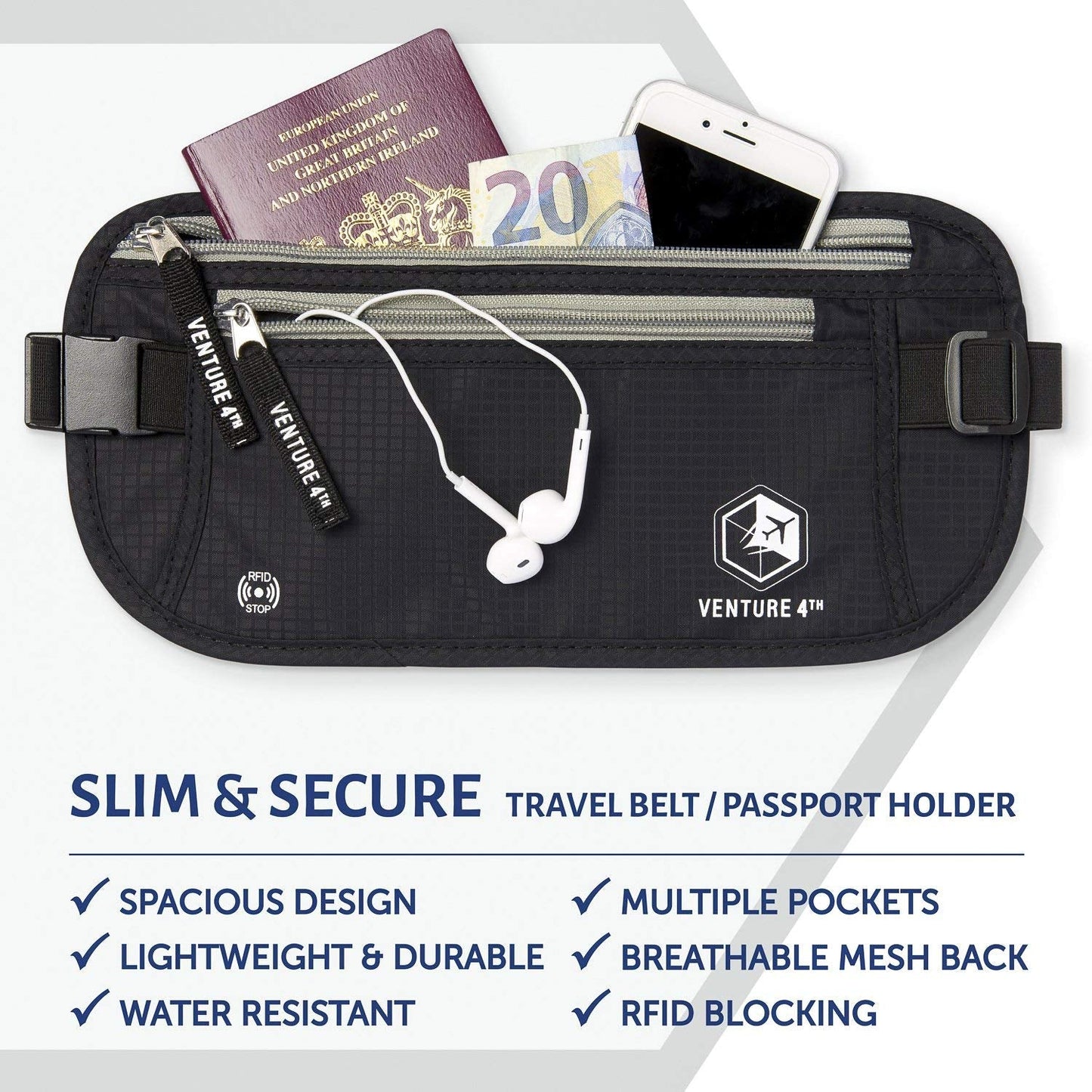 VENTURE 4TH Travel Money Belt - Slim Passport Holder RFID Blocking Travel Pouch to Protect Cash, Credit Cards and Travel Documents (Black)