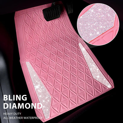 CAR PASS Bling Diamond Car Mats Rubber Floor Mats Full Set Anti-Slip 3D Rhombus Waterproof Trim to Fit Liner Universal Glitter Crystal Sparkly Shining Rhinestone Girl Women SUV Sedan Van, Pink Rubber