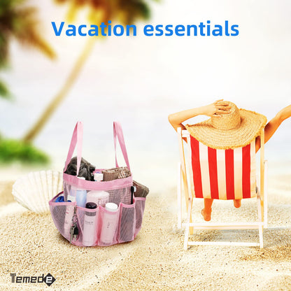 Temede Mesh Shower Caddy Tote, Large Shower Caddy Basket Portable, Quick Dry Hanging Toiletry Bag, 8 Storage Pocket Bath Organizer for College Dorm, Gym, Camp, Travel (Pink)