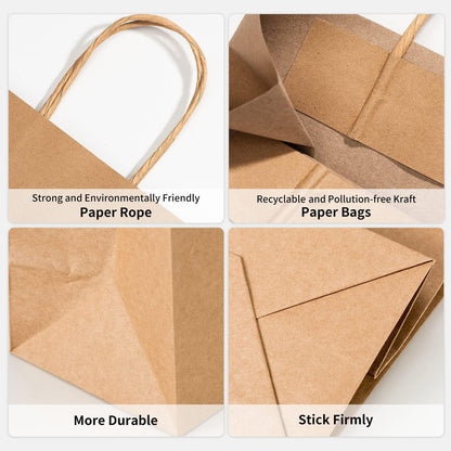 Brown Paper Bags with Handles Bulk 100Pcs 8x4.5x10.8 Inch Gift Bags Bulk, Brown Kraft Paper Bags for Retail, Party, Shopping, Favor