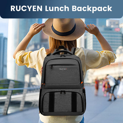 RUCYEN Lunch Backpack, Insulated Cooler Backpack Lunch Box for Men Women, 15.6 Inches RFID Blocking Laptop Backpack with USB Port Lunch Bag for Work Travel Black