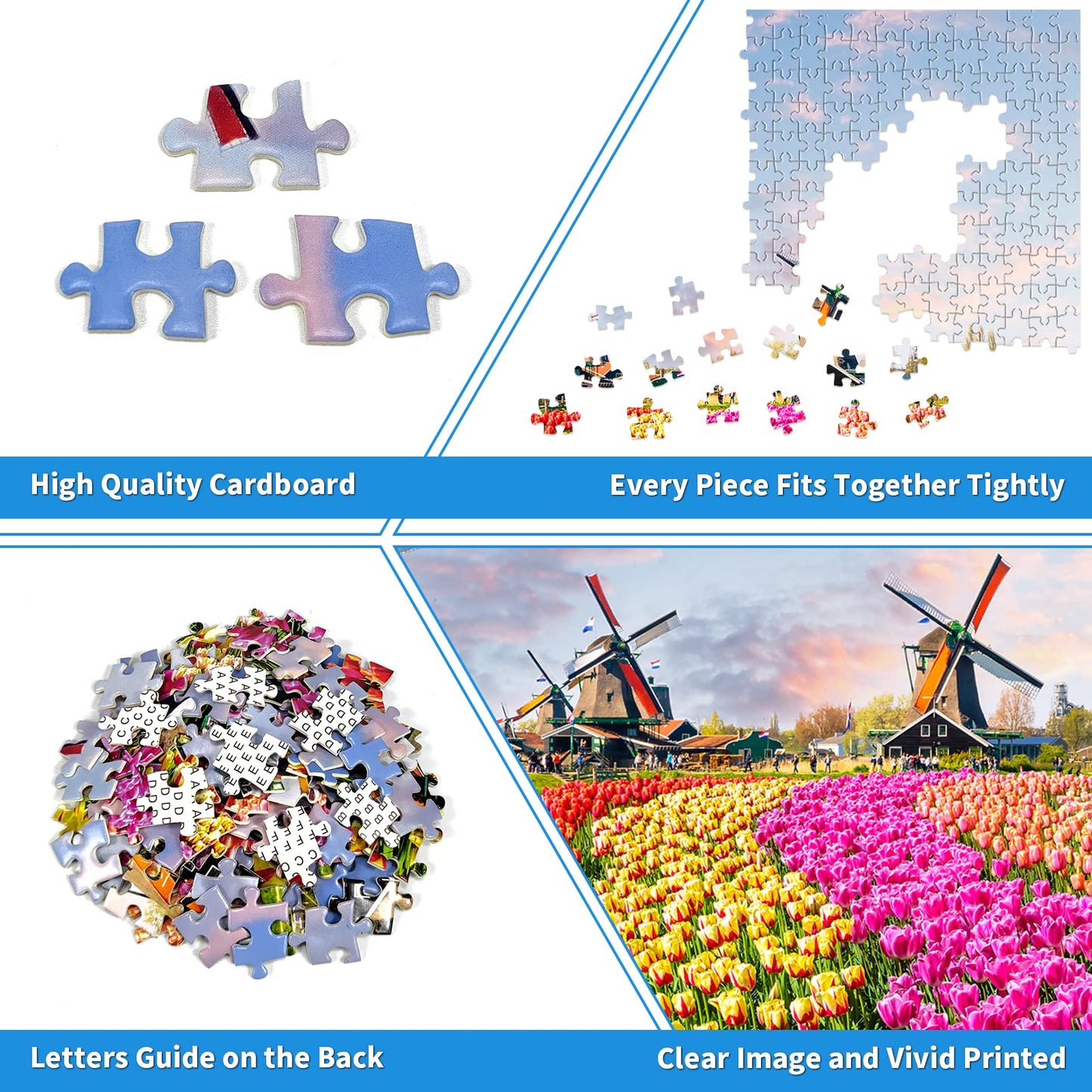 1000 Piece Puzzle for Adults Dutch Windmill Puzzle 1000 Piece Tulip Fields Puzzles Tulips Flowers Jigsaw Puzzles 1000 Pieces Holland Spectacular Flower Fields Landscape Puzzles