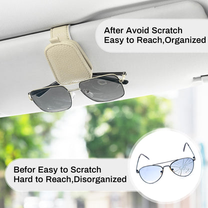 SINGARO Sunglasses Holder for Car, Leather Magnetic Buckle Sun Visor Sunglass Clip, Ticket Card Storage Glasses Clip, Car Interior Accessories for Men and Women（2PCS Beige）