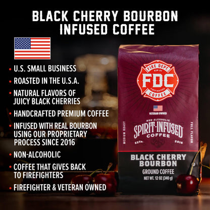 Fire Department Coffee - Black Cherry Bourbon Coffee - Gives Back to Firefighters - Premium Bourbon Infused Ground - Non-Alcoholic - Roasted in the USA - Veteran Owned - 12 oz