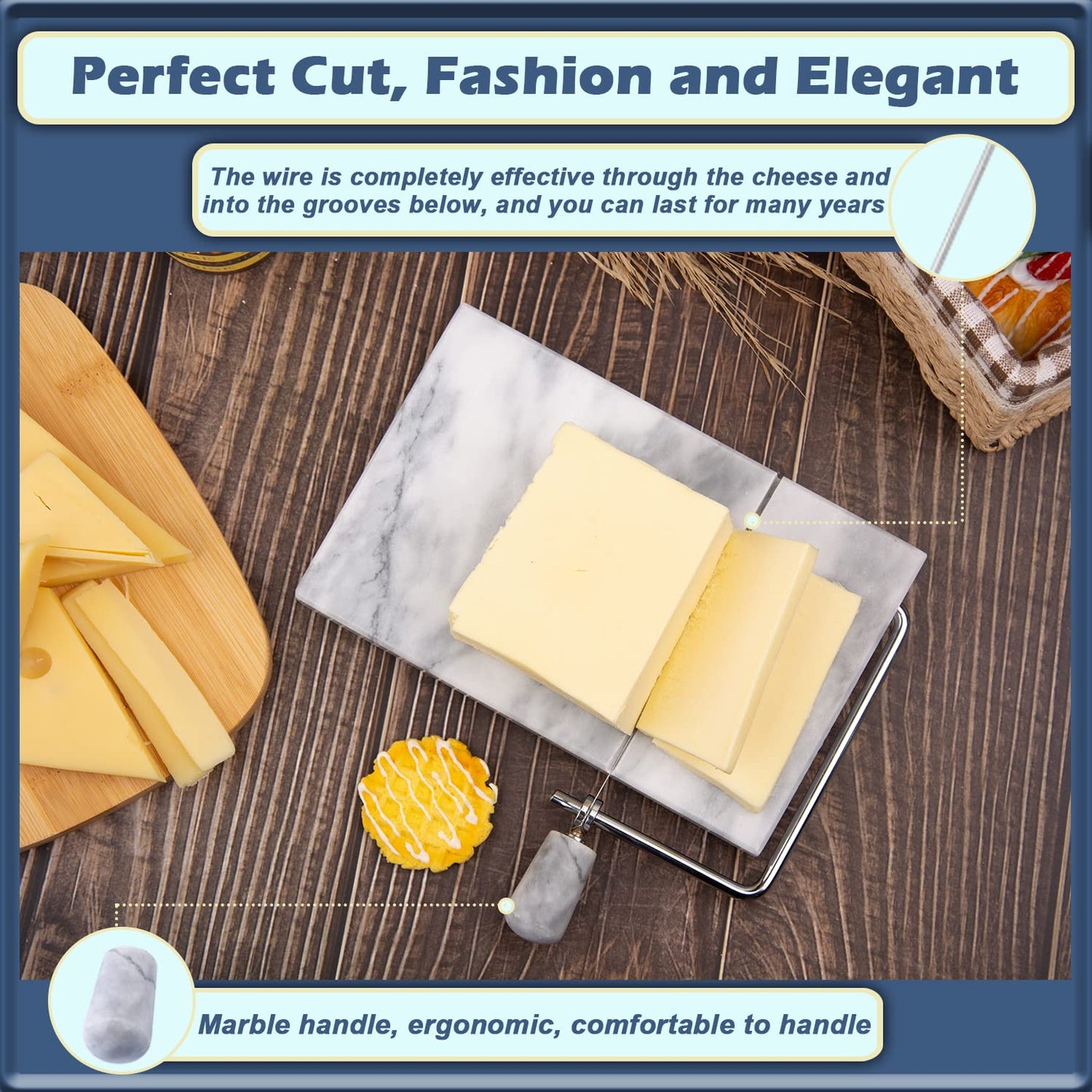 SIPARUI Cheese Slicer, Cheese Cutter Heavy Duty 5" x 8", Polished Marble Cheese Slicer Board for Cut Block Cheeses, Butter, Meats, Other Appetizers (White Grey)