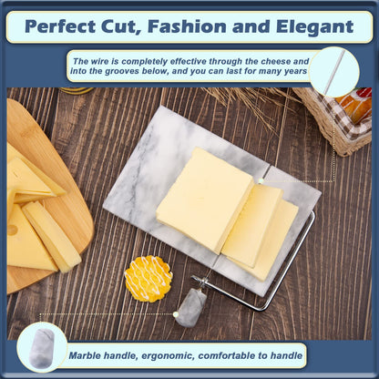 SIPARUI Cheese Slicer, Cheese Cutter Heavy Duty 5" x 8", Polished Marble Cheese Slicer Board for Cut Block Cheeses, Butter, Meats, Other Appetizers (White Grey)