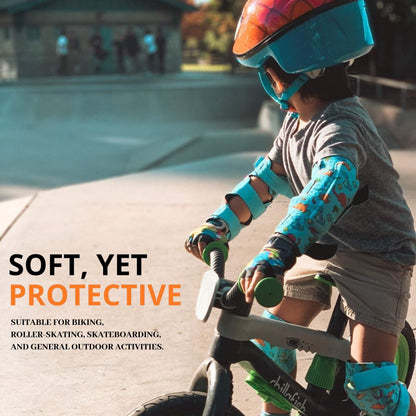 Soft-Style Kids Knee and Elbow Pads with Bike Gloves, Flexible Impact-Resistant Gear for Ages 2-11, Designed for Balance Bikes, Roller-Skating, and Skateboarding (Dinosaur, Small)