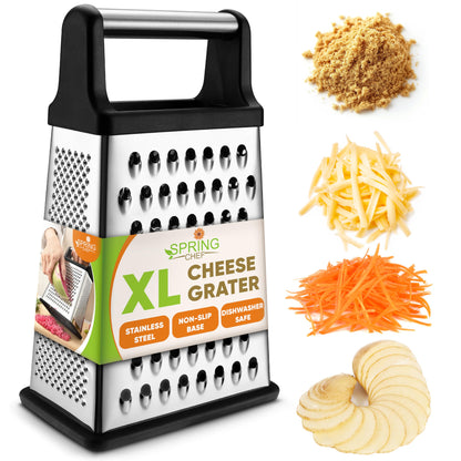 Spring Chef Professional Cheese Grater - Stainless Steel, XL Size, 4 Sides - Perfect Box Grater for Parmesan Cheese, Vegetables, Ginger - Dishwasher Safe - Black
