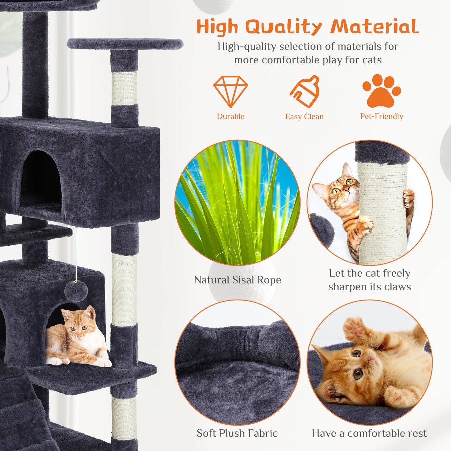 Sweetcrispy 54 Inch Cat Tree Tower, Multi-Level with Cat Scratching Post, Indoor Cat Condo with Climbing Ladder, Plush Toy, Play House for Cat, Grey