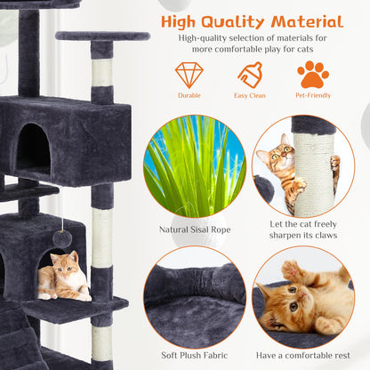 Sweetcrispy 54 Inch Cat Tree Tower, Multi-Level with Cat Scratching Post, Indoor Cat Condo with Climbing Ladder, Plush Toy, Play House for Cat, Grey