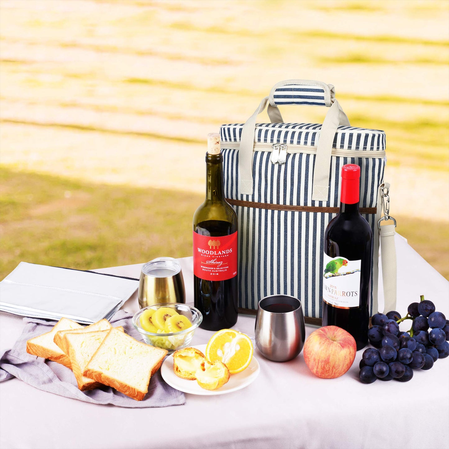 Tirrinia Insulated Wine Gift carrier - 3 Bottle Travel Padded Wine Carry Cooler Tote Bag with Handle and Adjustable Shoulder Strap, Stripe