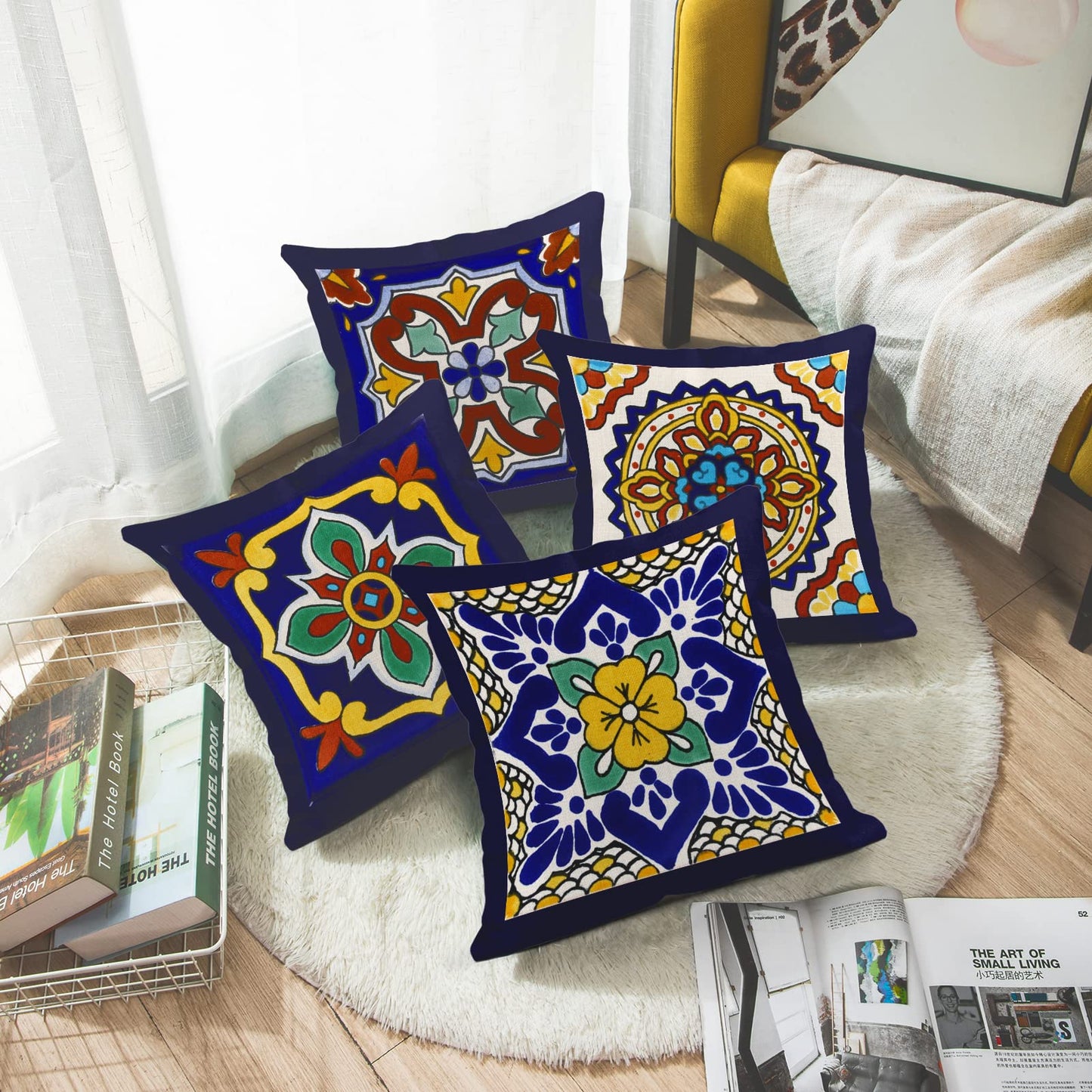 Semtomn Set of 4 Linen Throw Pillow Covers Spanish Talavera Exotic Geometry Dark Retro Ethnic Home Decorative 18"x18" Flax Pillow Cases Cushion Square Pillowcases