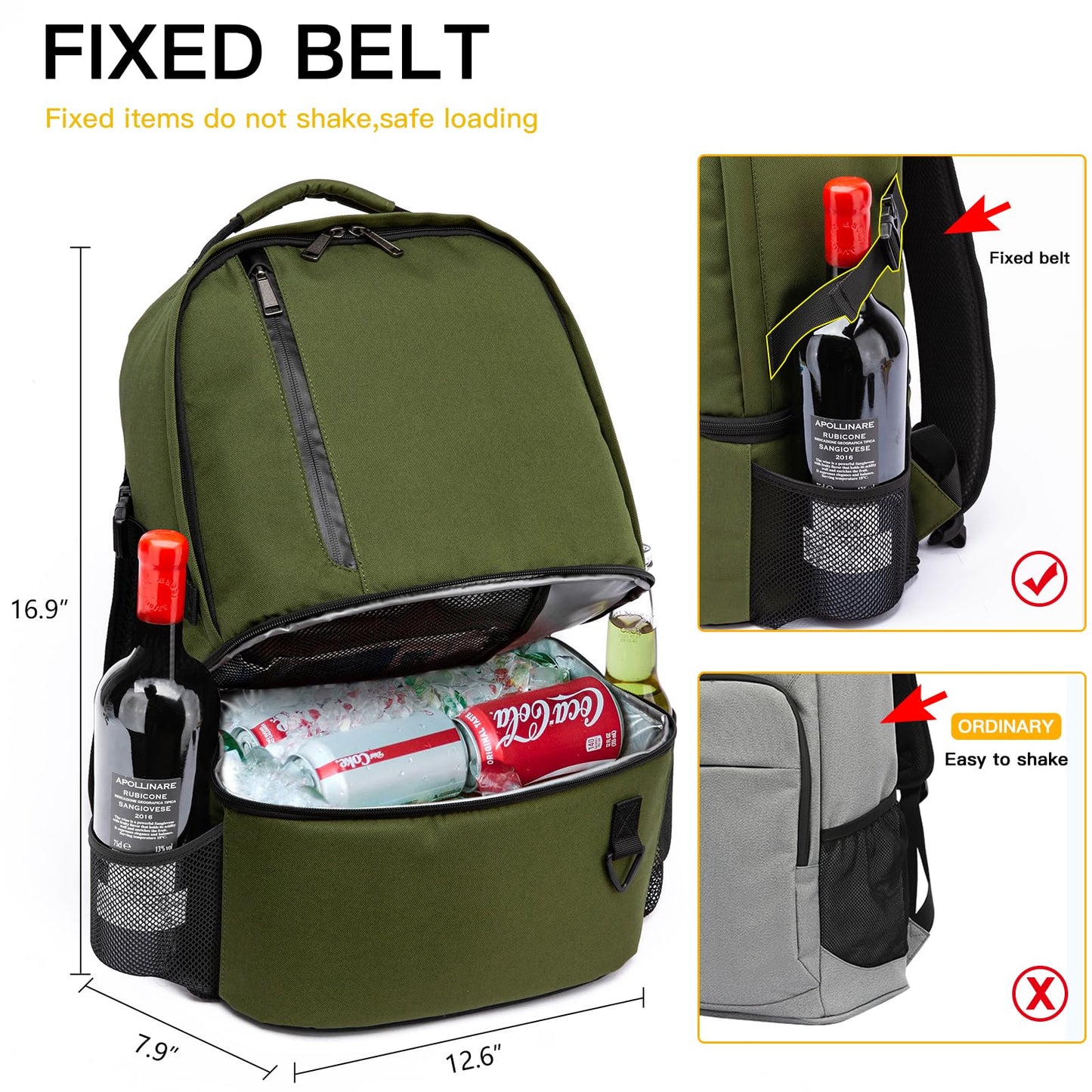 TUGUAN Insulated Cooler Backpack 38/42 Cans Double Deck Leakproof Lightweight Soft Lunch Backpack Small Cooler Bag Beach Picnic, Green