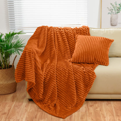 Bnuitland Burnt Orange Flannel Throw (50X71 inches) with Pillow Cover(18×18"),300GSM Super Soft Fleece Stripe Pattern Sofa Blanket, Lightweight Cozy Bed Throw for Home Decor All Season