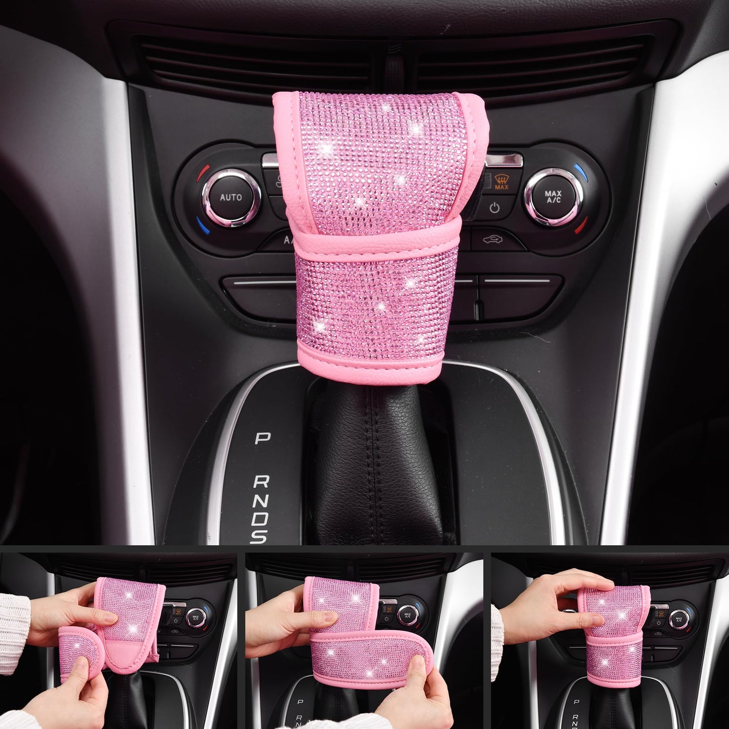 CAR PASS Bling Pink Car Accessories Set for Women, Sparkly Rhinestone Diamond Steering Wheel Cover Seat Belt Cushion Glitter Shift Knob Cover Car Cup Holder Coaster Cute Interior Sets, Pink 22 PCS