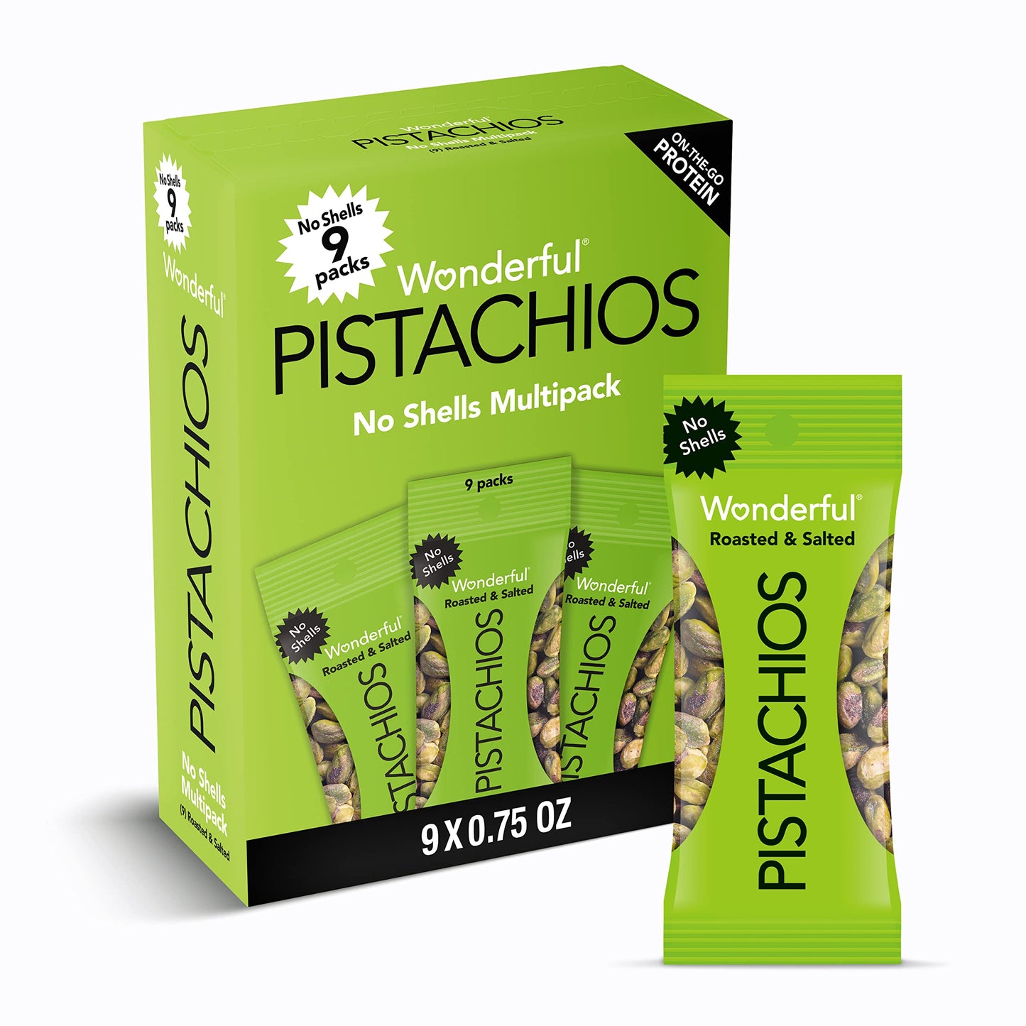 Wonderful Pistachios No Shells, Roasted & Salted Nuts, 0.75 Ounce Bag (Pack of 9), Protein Snacks, Gluten Free, On-the-Go, Individually Wrapped Snacks