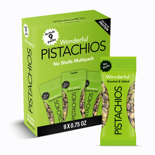 Wonderful Pistachios No Shells, Roasted & Salted Nuts, 0.75 Ounce Bag (Pack of 9), Protein Snacks, Gluten Free, On-the-Go, Individually Wrapped Snacks