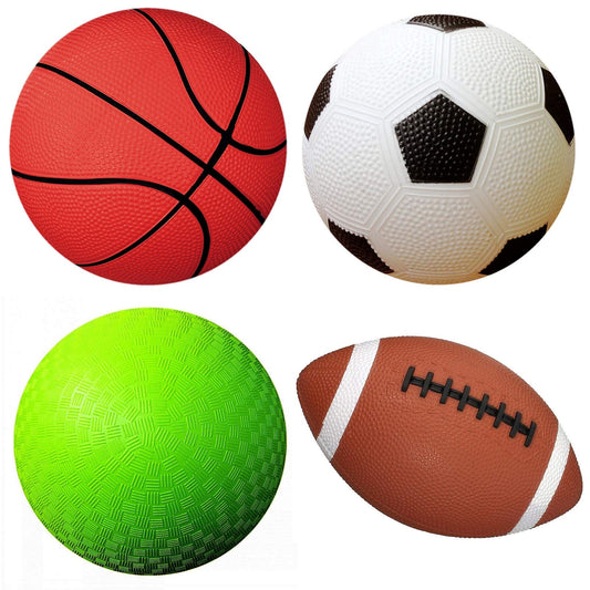 AppleRound 4-Pack Sports Balls for Toddlers & Kids with Pump – 5-Inch Soccer Ball, Basketball, Playground Ball & 6.5-Inch Football – Soft Small Balls for Indoor/Outdoor Play (Ages 2-7)