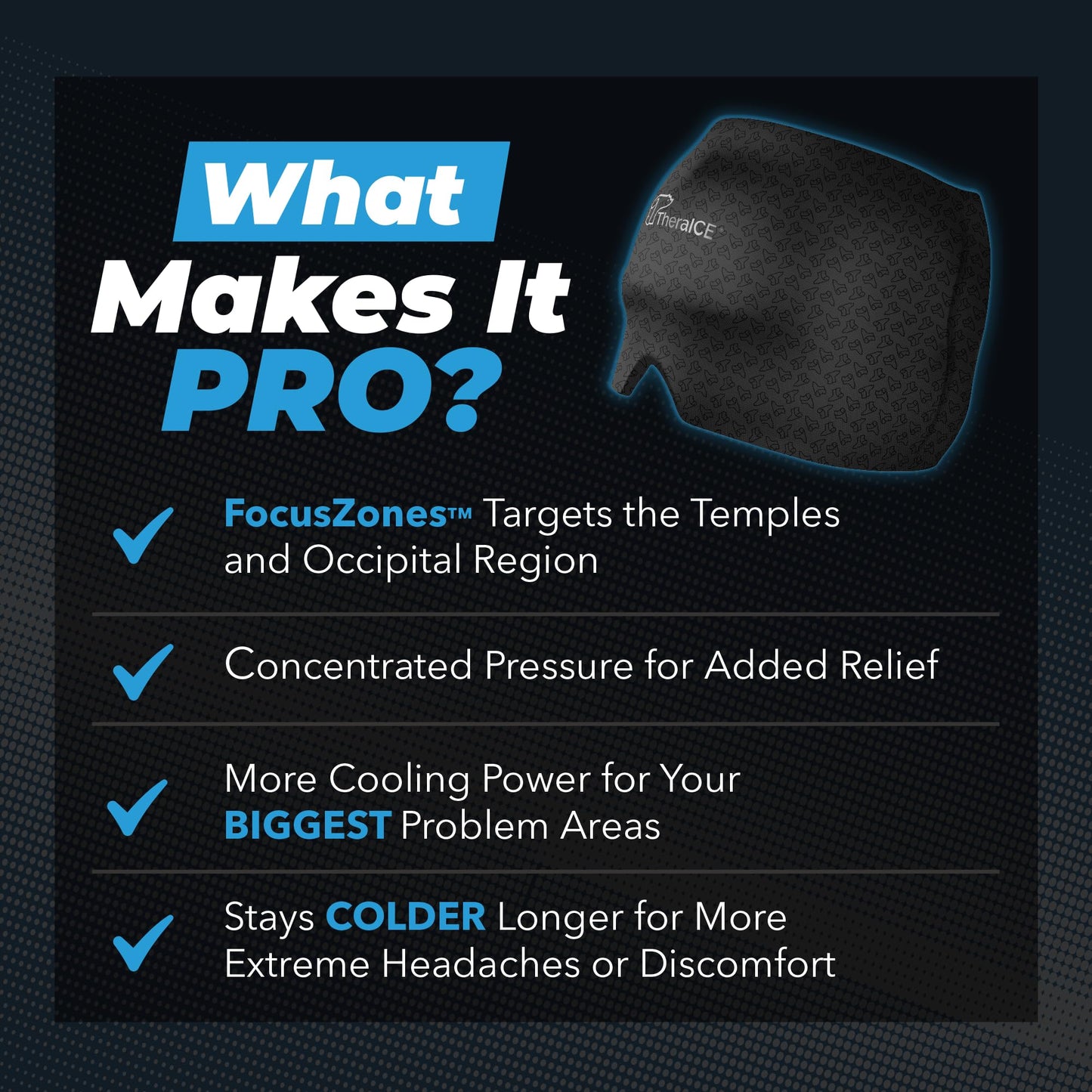 TheraICE Migraine Relief Cap PRO, Headache Relief Cap, Ice Face Mask, Cold Compress Head Wrap for Tension Headache Relief, Stress & Hangover, FocusZone Technology Provides Extra Cooling & Pressure